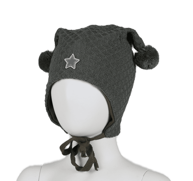 Kivat, mosegrønn knytelue i ull med strukturmønster og dusker